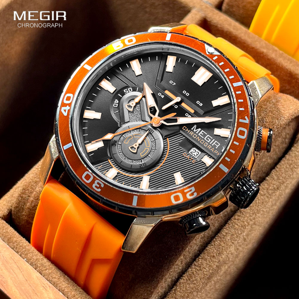 Silicone Sport Band - MEGIR Orange Sport Watch for Men